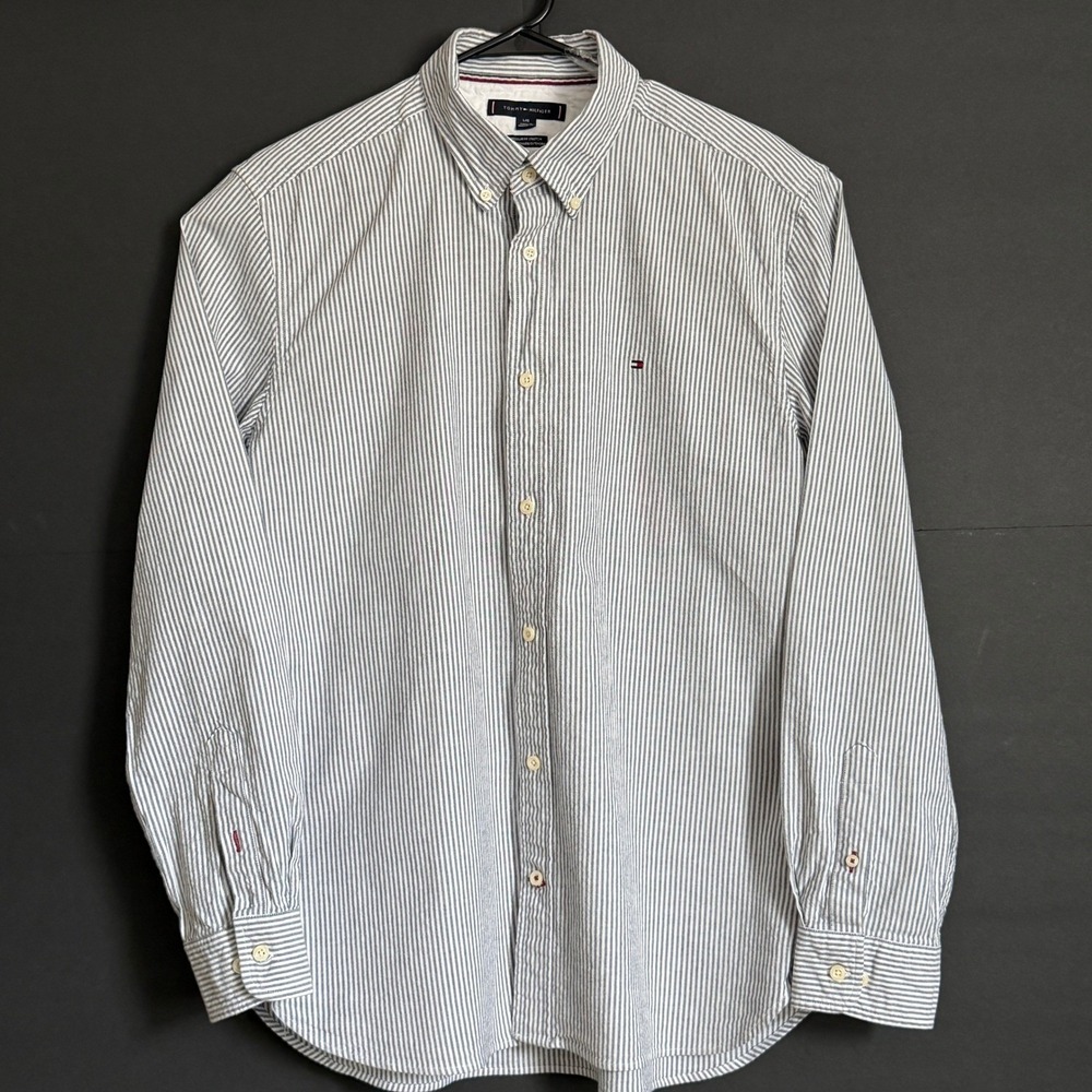 Tommy Hilfiger Men's Large Gray White Striped Stretch Button-Down Shirt